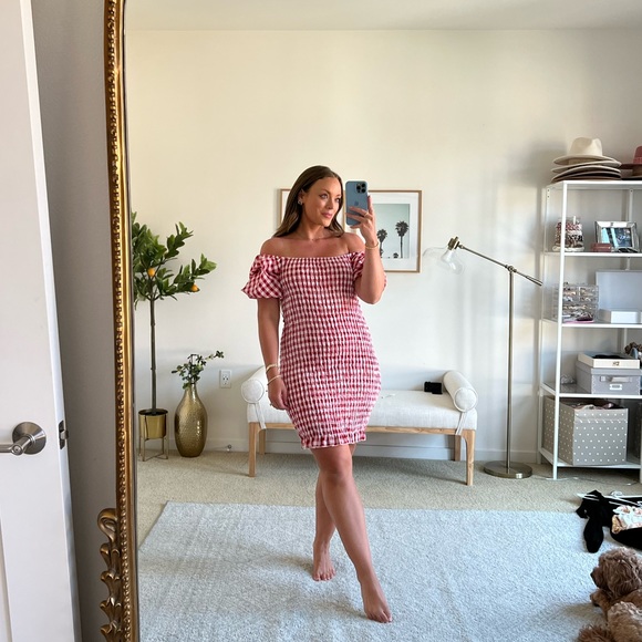 Ruched Gingham Dress with Puff Sleeves / Size M - Picture 2 of 5